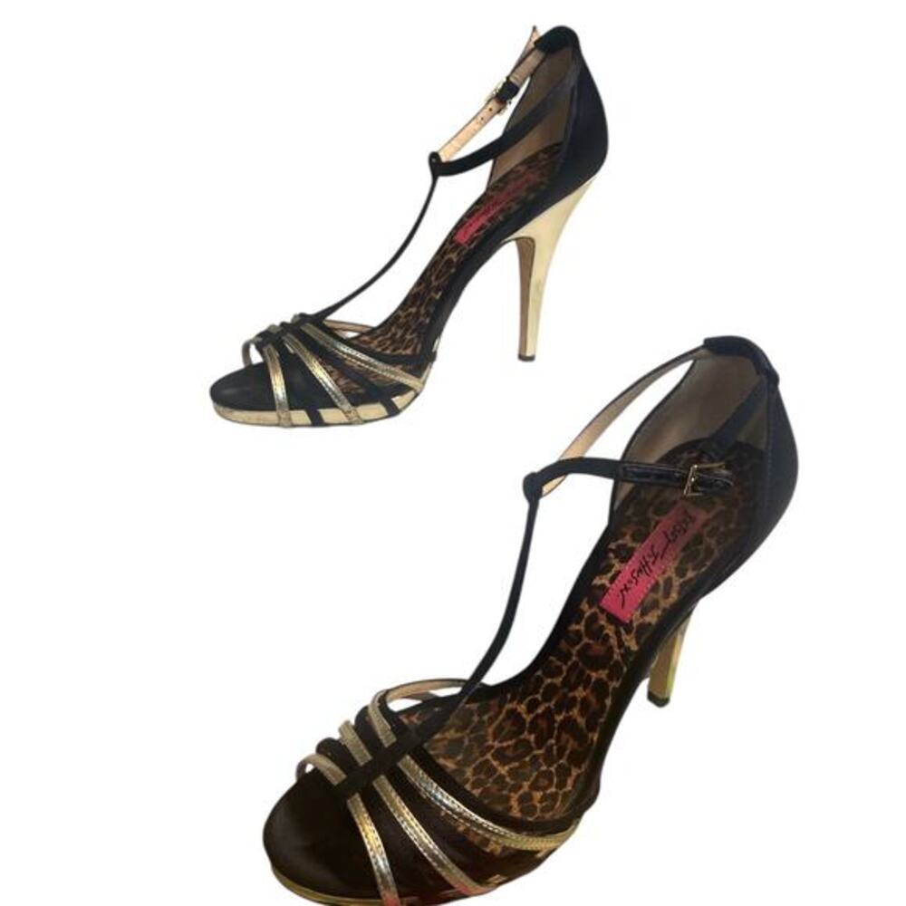 Betsey Johnson black satin and silver heels size 8M